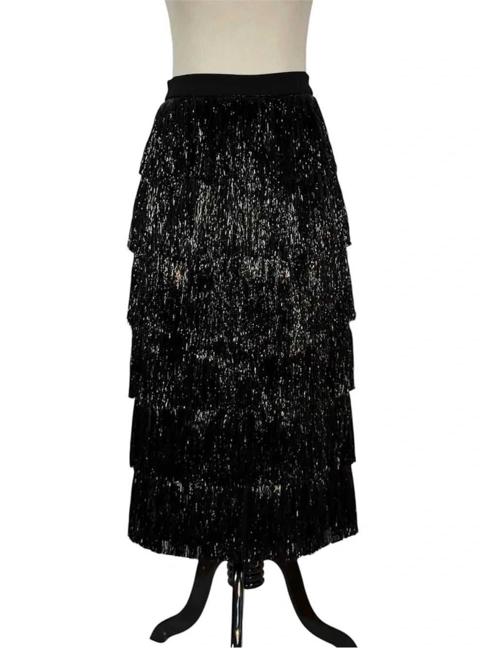 Antonio Melani Yara Fringe Midi Skirt NWT Size 6 Black Metallic Tiered Shimmer